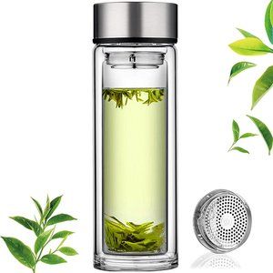 Glass Tea Infuser Bottle Double Wall Portable Travel Mug Tea Tumbler 460mL